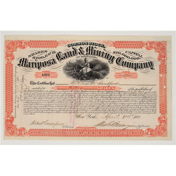 Mariposa Land & Mining Company Stock Certificate, 1881 [203949]
