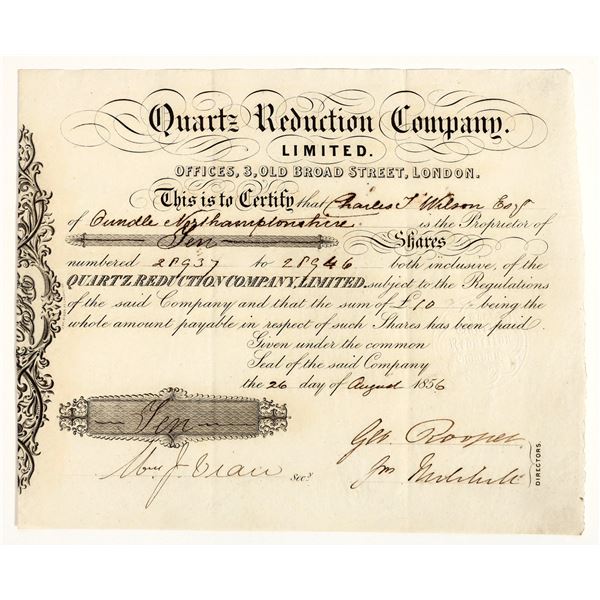 Quartz Reduction Company, Limited, Stock Certificate, 1856, California Gold Rush [204753]