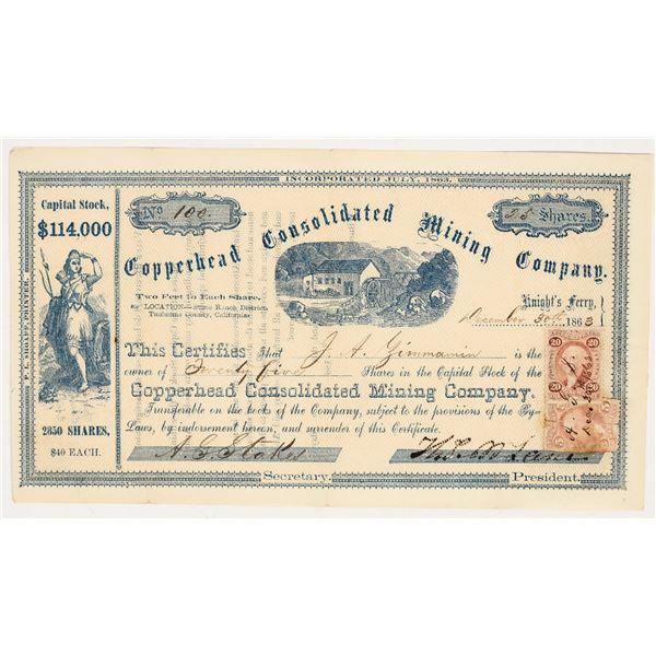 Copperhead Consolidated Mining Co. Stock Certificate, Stone Ranch, CA 1863 [204511]
