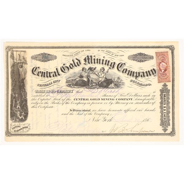 Central Gold Mining Company Stock Certificate, Central City, Colorado, 1870 [204912]