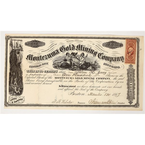 Montezuma Gold Mining Company Stock Certificate, Central City, CO 1867 [204166]