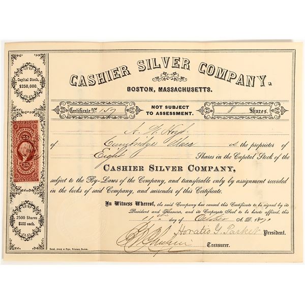 Cashier Silver Company Stock Certificate, Clear Creek County, CO 1871 [204621]