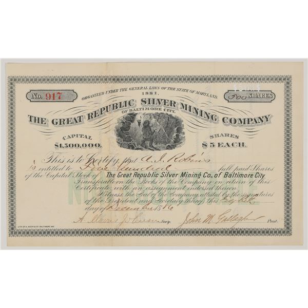 Great Republic Silver Mining Co. of Baltimore City Stock Certificate, 1886 [205029]