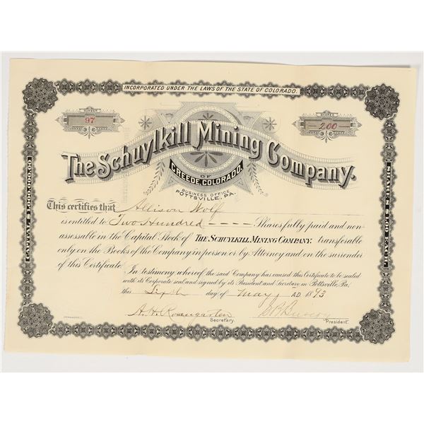 Schuylkill Mining Company Stock Certificate, 1893, Creede, Colorado [204143]
