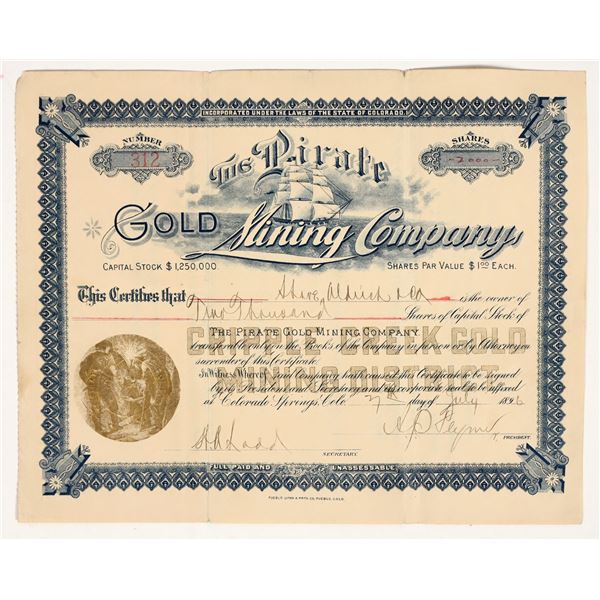 Pirate Gold Mining Company Stock Certificate, Cripple Creek, 1896 [204199]