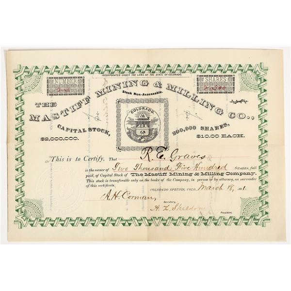 Mastiff Mining & Milling Co. Stock Certificate, Colorado City, 1881 [204810]