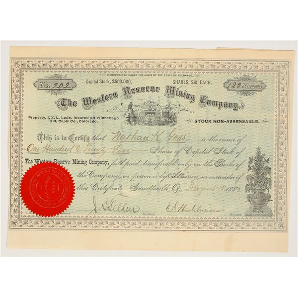 Western Reserve Mining Company Stock Certificate, Gilpin County, Colorado, 1882 [205007]