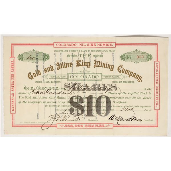 Gold & Silver King Mining Company Stock Certificate, Colorado, 1884 [195881]