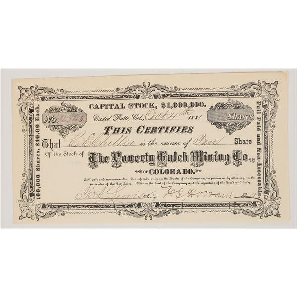 Poverty Gulch Mining Company Stock Certificate, 1881 [204918]