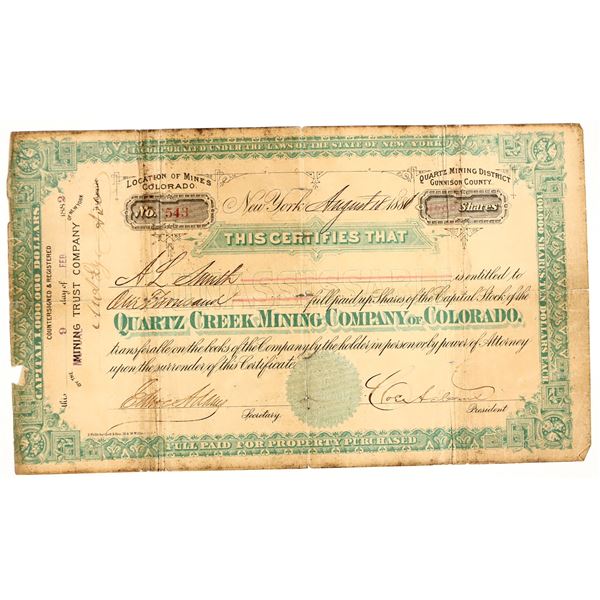 Quartz Creek Mining Company of Colorado Stock Certificate, 1881 [204759]