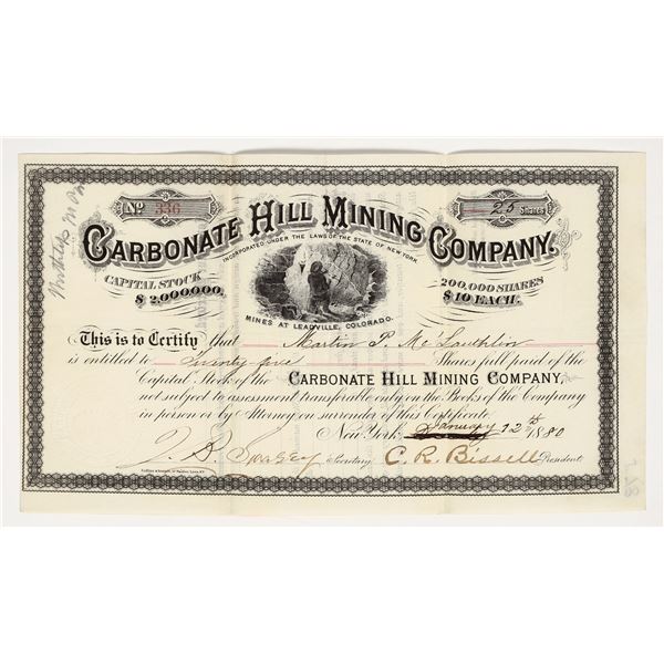Carbonate Hill Mining Company Stock Certificate, Leadville, 1880 [204154]