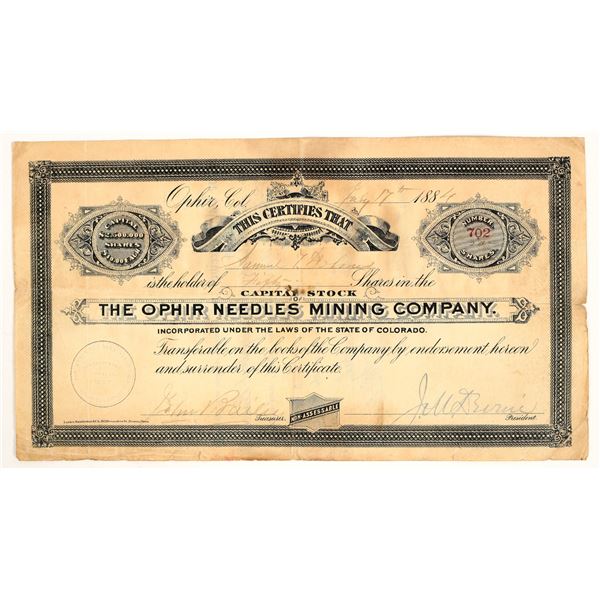 Ophir Needles Mining Company Stock Certificate, 1884 [205371]