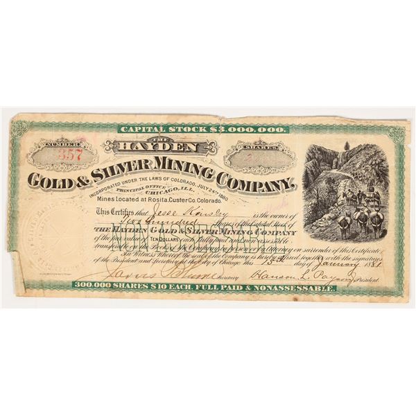 Hayden Gold & Silver Mining Company Stock Certificate, Rosita, Colorado, 1881 [195882]