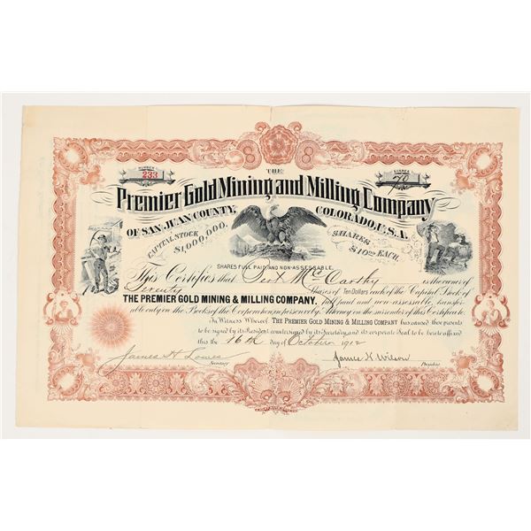 Premier Gold Mining & Milling Company Stock, San Juan, Colorado 1912 [204919]