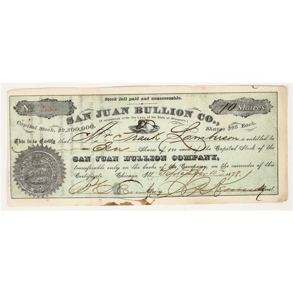 San Juan Bullion Company Stock Certificate, 1878 [203945]
