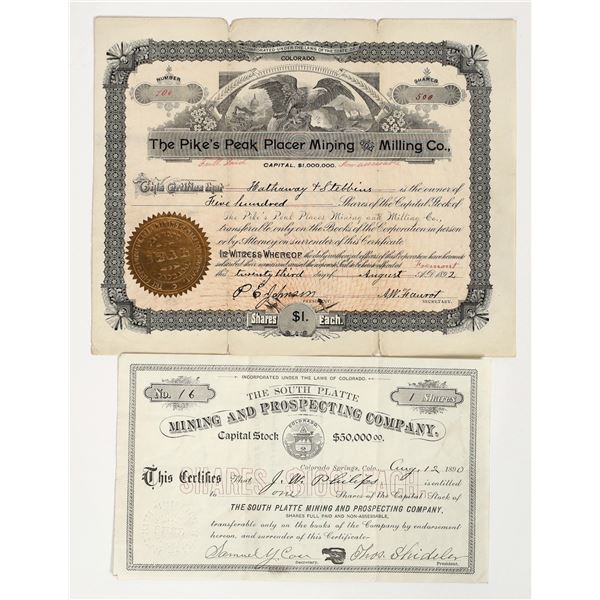 Colorado Gold Placer Mining Stock Certificate Pair [204839]