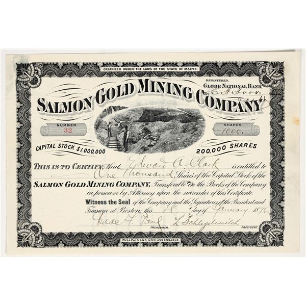 Salmon Gold Mining Company Stock Certificate, Idaho, 1896 [195883]