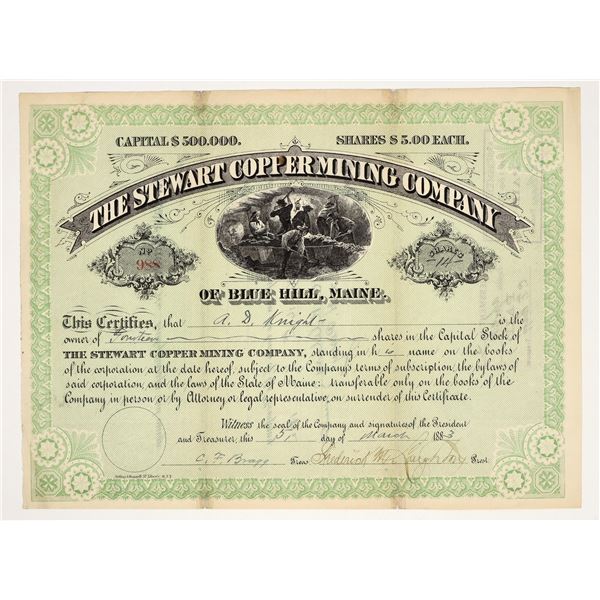 Stewart Copper Mining Company Stock Certificate, Maine, 1883 [204152]