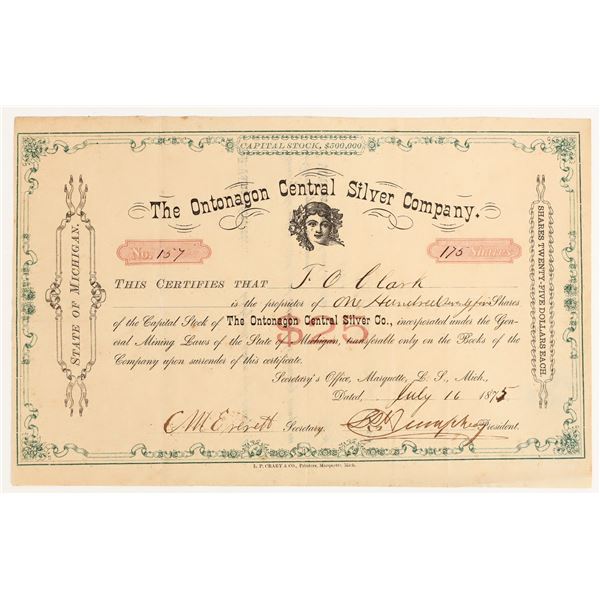 Ontonagon Central Silver Company Stock Certificate, 1875 [204773]