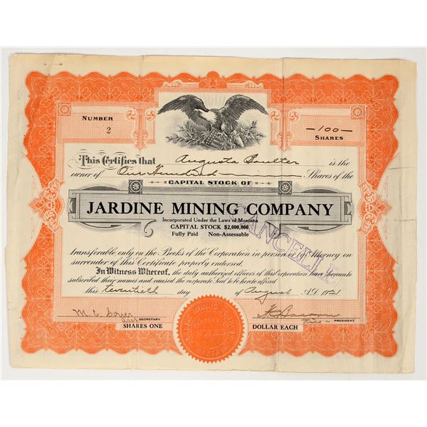 Jardine Mining Company Stock Certificate, No. 2 Issued [201764]