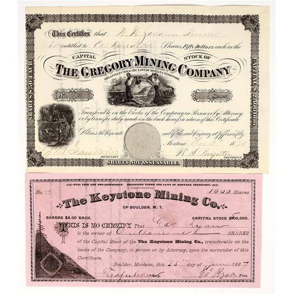 Two Different Jefferson County, Montana Territory Mining Stock Certificates [195886]