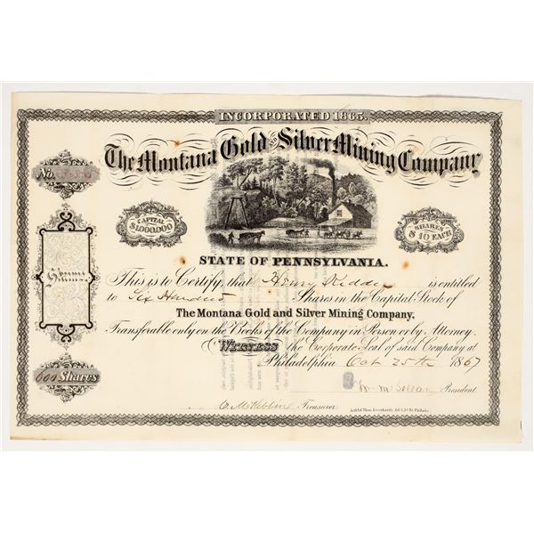 Montana Gold & Silver Mining Co. Stock Certificate, Madison County, Montana 1867 [195879]