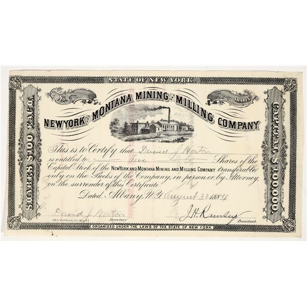 New York and Montana Mining & Milling Company Stock Certificate, 1884 [203561]