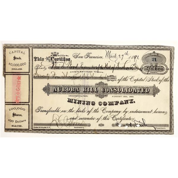 Aurora Hill Consolidated Mining Co. Stock Certificate, 1891 [204625]