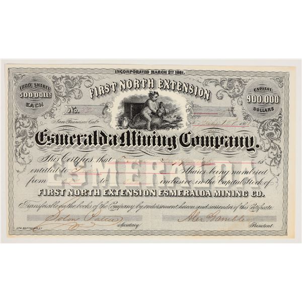 First North Extension Esmeralda Mining Co. Stock Certificate, Aurora, 1861 [205379]