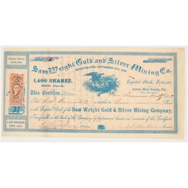 Sam Wright Gold & Silver Mining Co. Stock Certificate, Aurora, 1863 [205005]