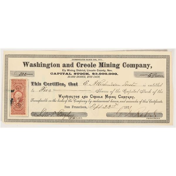 Washington & Creole Mining Co. Stock, Bullionville, NV, 1871--Site of Armed Mine Takeover! [204539]
