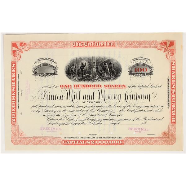 Princess Mill & Mining Company Stock Certificate, Specimen [203577]