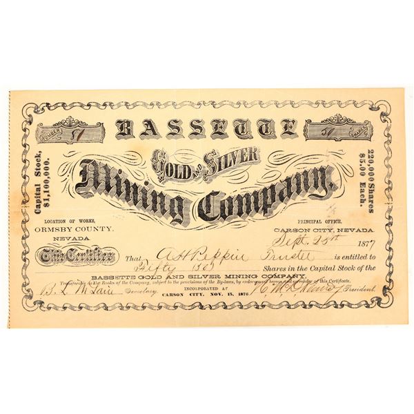 Bassette Gold & Silver Mining Company Stock Certificate, Carson City, NV, 1877 [195494]
