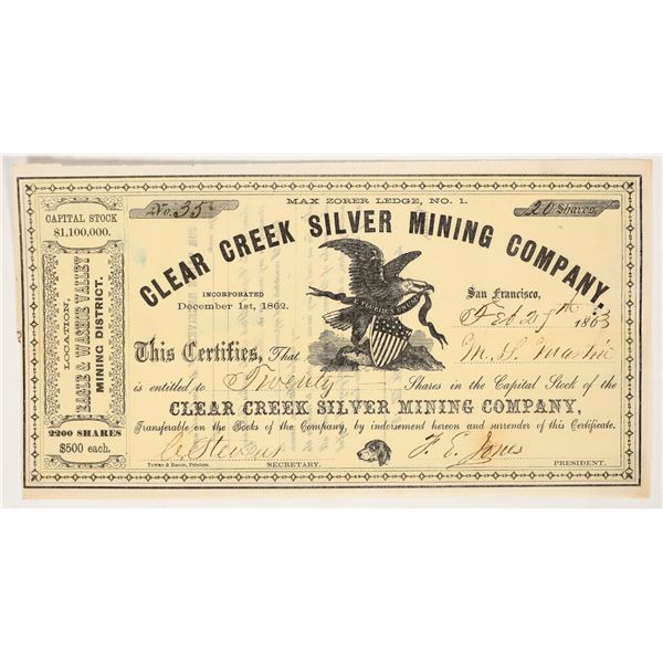 Clear Creek Silver Mining Co. Stock Certificate, Nevada Territory, 1863 [203942]