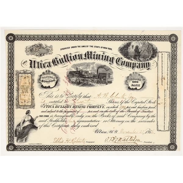 Utica Bullion Mining Company Stock Certificate, Churchill County, Nevada 1866 [195894]