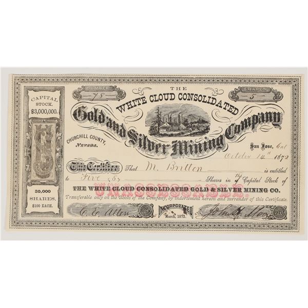White Cloud Consolidated Gold & Silver Mining Co. Stock Certificate, 1872 [204914]