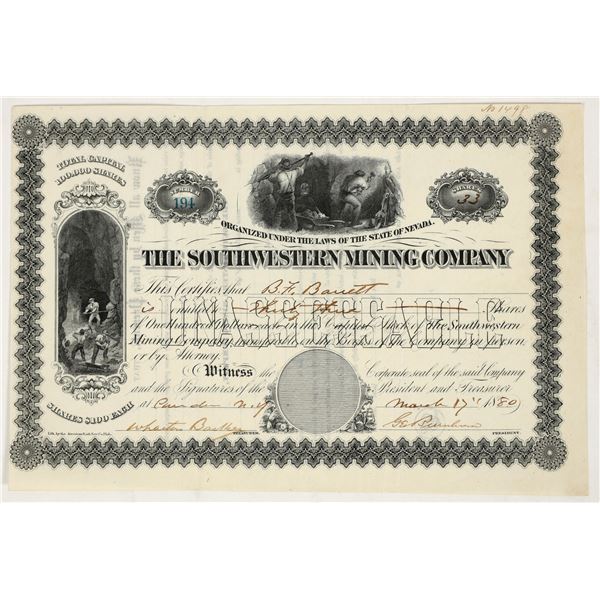 Southwestern Mining Company Stock Certificate, Clark County, Nevada, 1880 [195495]