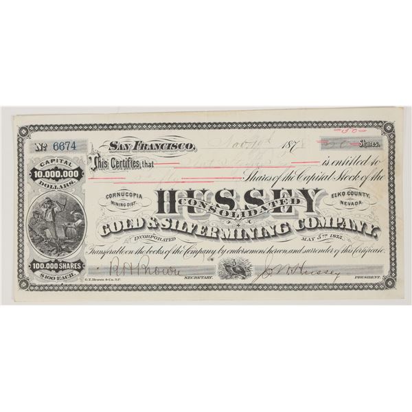 Hussey Consolidated Gold & Silver Mining Co. Stock Certificate (GT Brown Lith) [204911]