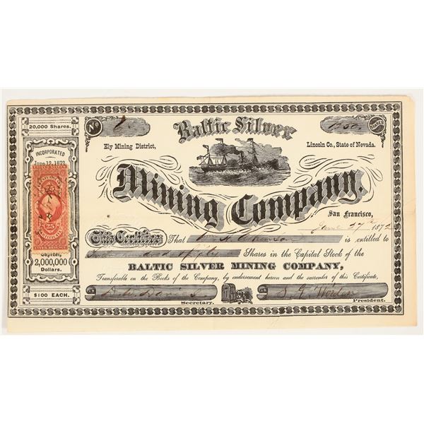 Baltic Silver Mining Company Stock Certificate, Ely Mining District, Nevada, 1872 [205366]