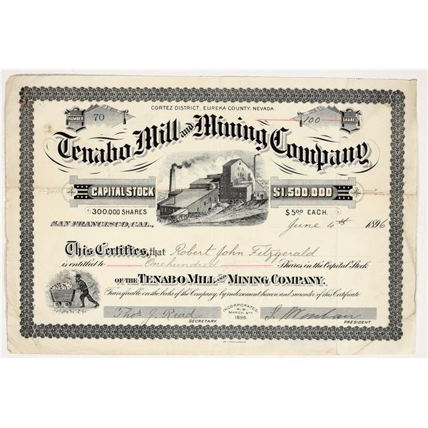 Tenabo Mill & Mining Co. Stock Certificate Signed by S. Wenban, 1896 [195370]