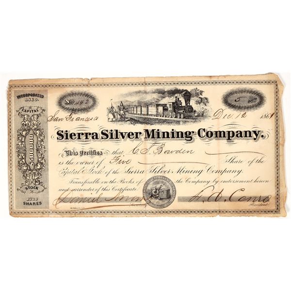 Sierra Silver Mining Co. Stock Certificate, 1861, Genoa, Nevada Territory [195873]