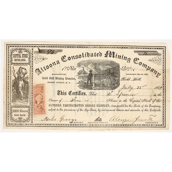 Altoona Consolidated Mining Company Stock Certificate, Nevada Territory, 1863 [204538]