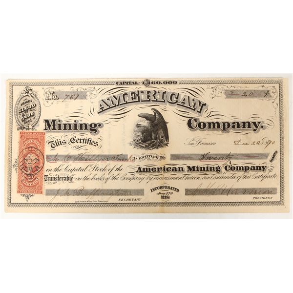 American Mining Company Stock Certificate, Gold Hill, Nevada, 1870 [197928]