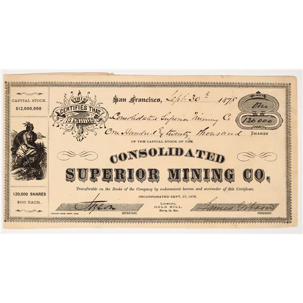 Consolidated Superior Mining Company Stock Certificate, 1878, #1 [204902]