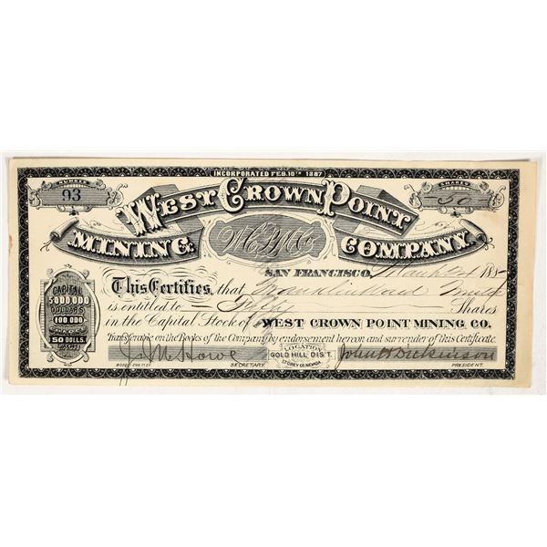 West Crown Point Mining Company Stock Certificate, 1887 [201652]