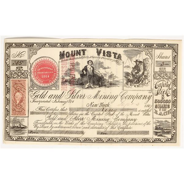 Mount Vista Gold & Silver Mining Company Stock Certificate, Unionville, 1865 [200809]