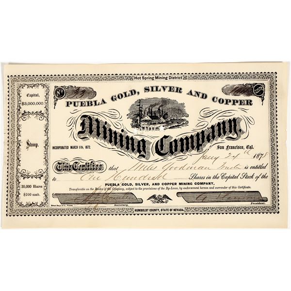 Puebla Gold, Silver, & Copper Mining Co. Stock Certificate, 1878 [204510]