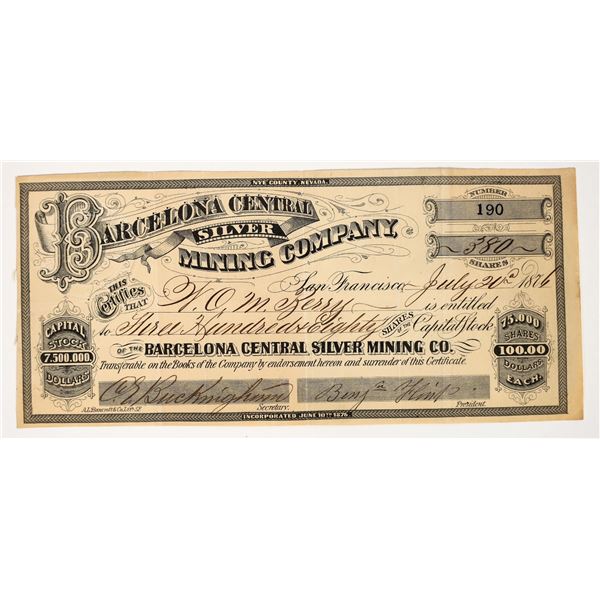 Barcelona Central Silver Mining Company Stock Certificate, Nye County, 1876 [204906]
