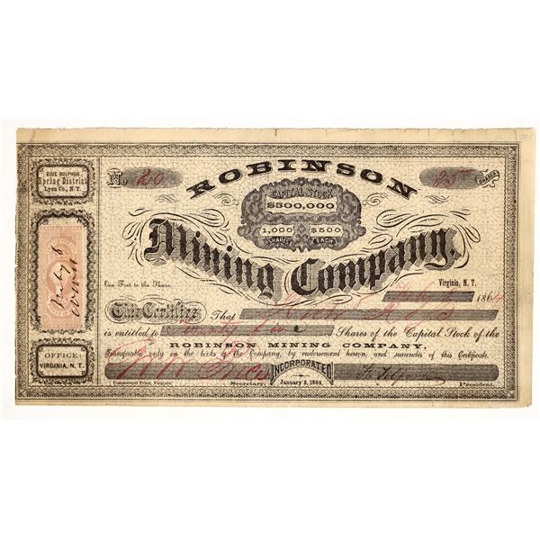 Robinson Mining Company Stock Certificate, Comstock, Nevada Territory, 1864 [204828]