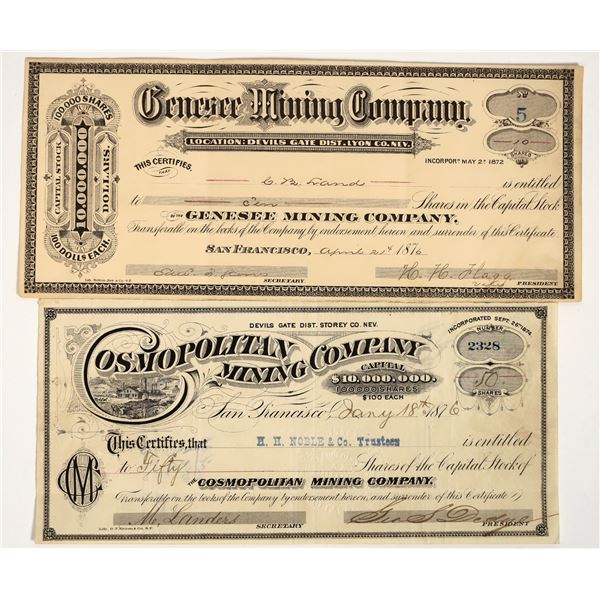 Two Different 1870s Devils Gate District, Comstock Mining Stock Certificates [204762]